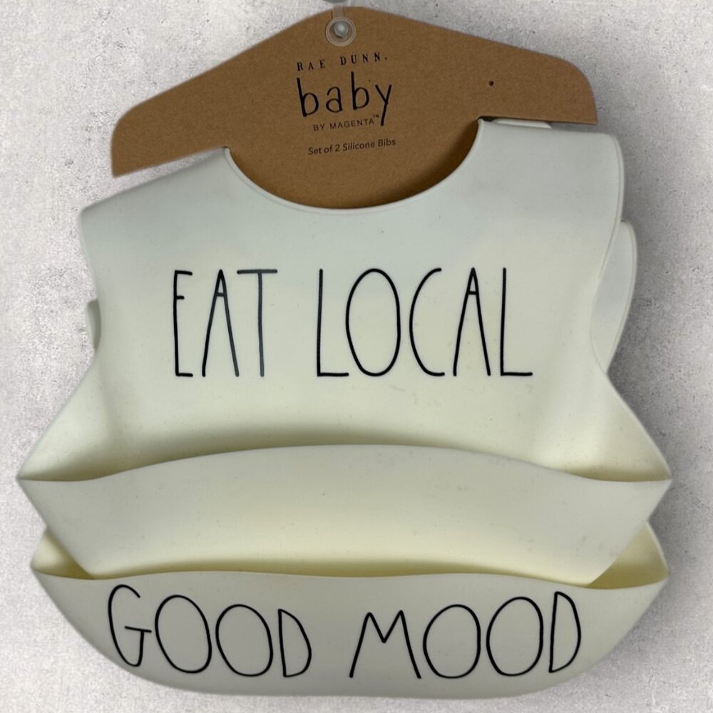 NWT Rae Dunn Baby by Magenta Set of Two Silicone Bibs Eat Local Good Mood‎ White